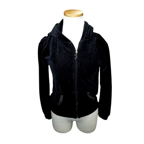 Juicy Couture Girls Black Velour Hoodie Size XL (16) Gothic Crest Zip Jacket Y2K - Picture 2 of 9